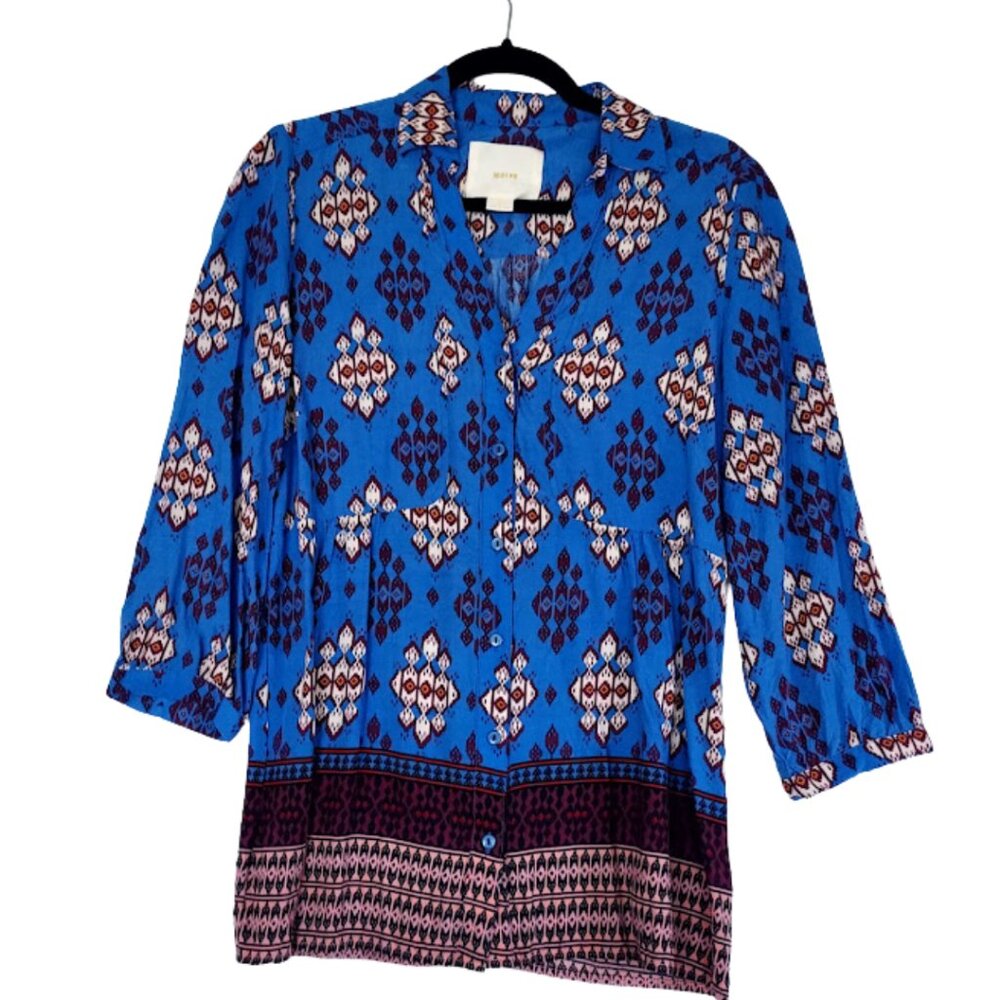 Anthropologie Maeve Button Down Top-Ikat Blue-Size 8-Boho Rayon